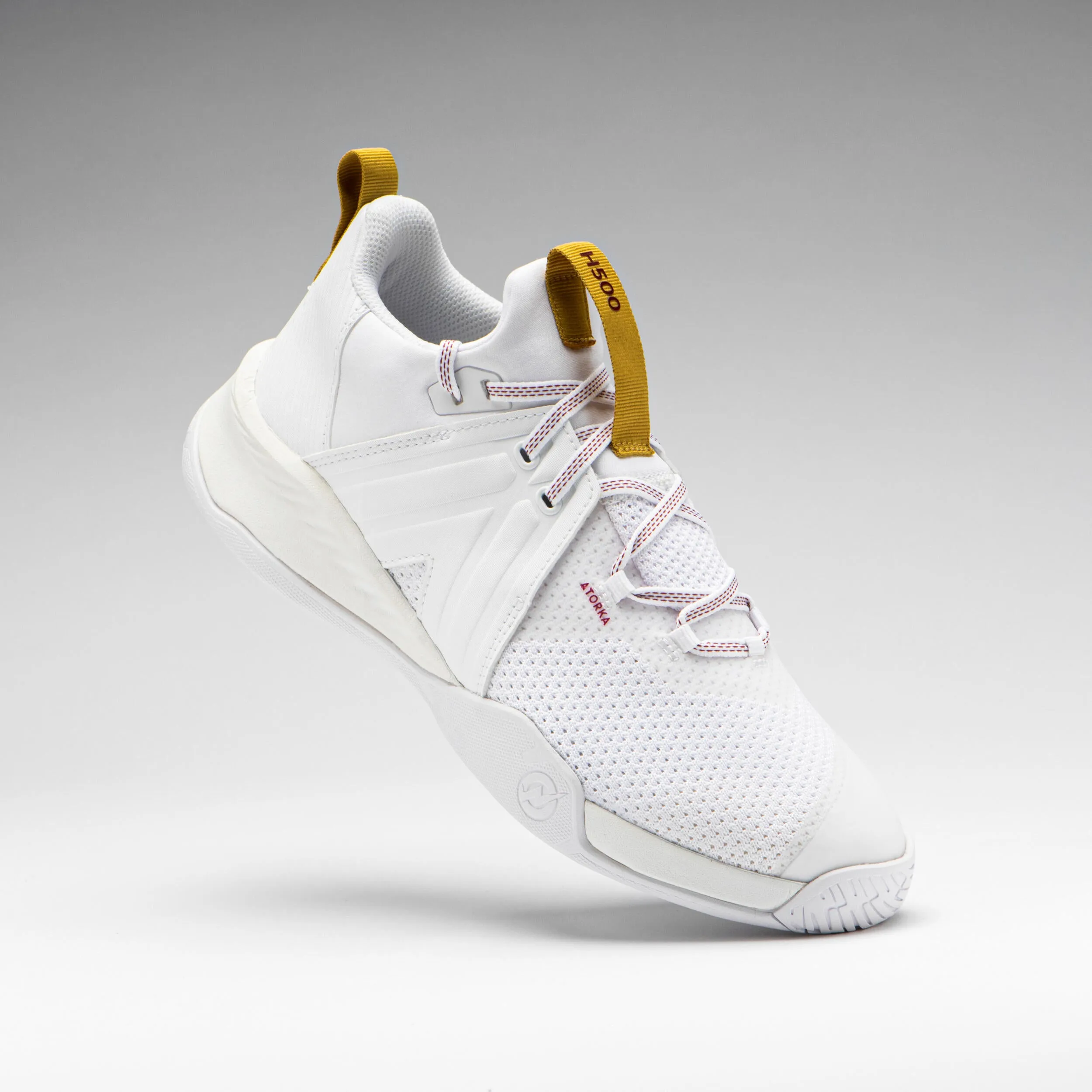 Men's/women's handball sneakers - H500 Faster white ATORKA white/ochre yellow/burgundy