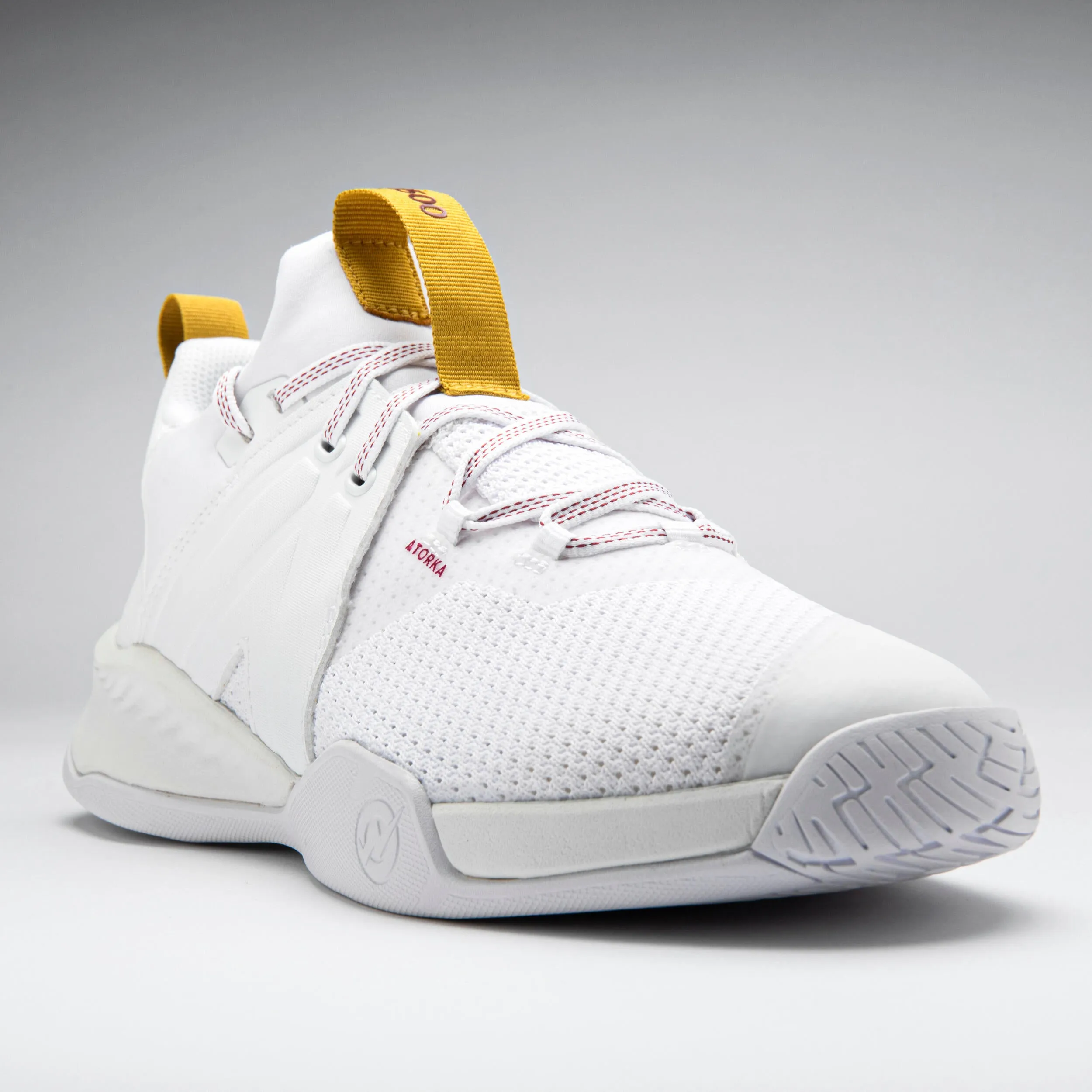 Men's/women's handball sneakers - H500 Faster white ATORKA white/ochre yellow/burgundy