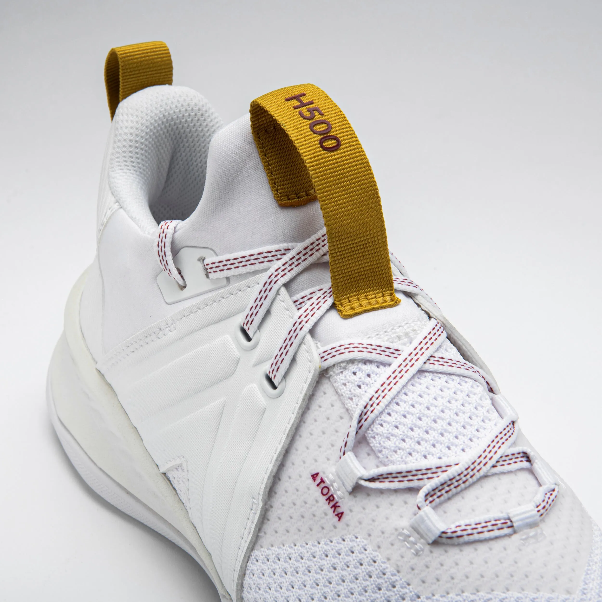 Men's/women's handball sneakers - H500 Faster white ATORKA white/ochre yellow/burgundy