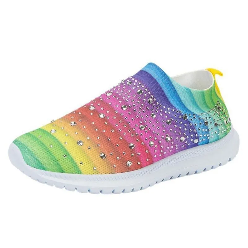 Women's Rainbow Rhinestone Sock Comfortable Slip On Sports Sneakers