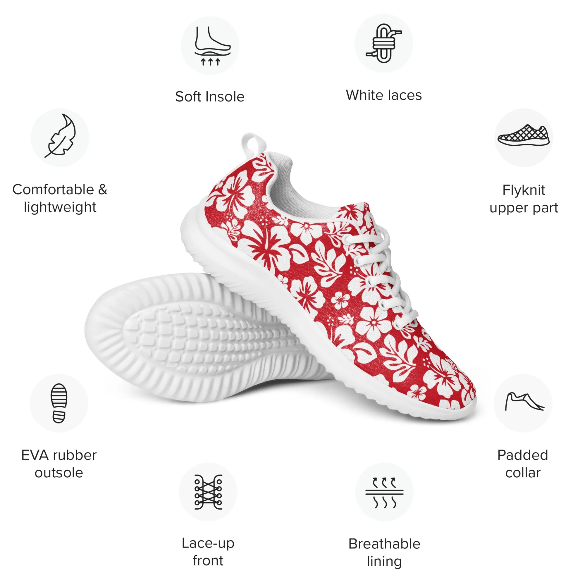 Women’s Red and White Hawaiian Flowers Athletic Shoes